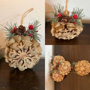 Hobby Lobby Burlap Pinecone Ornament with Red Accents